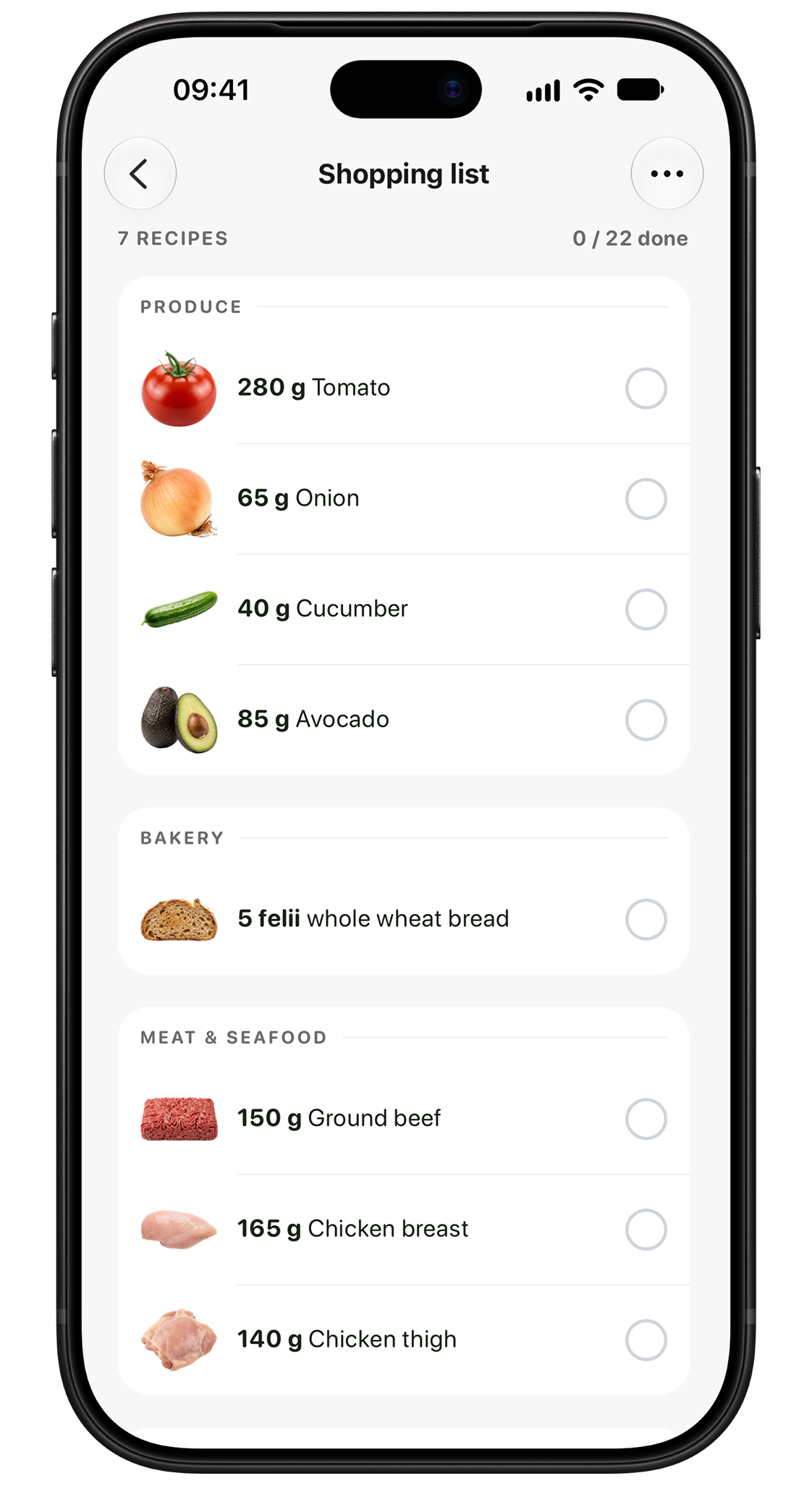 Yuva organized grocery list grouped by ingredient category